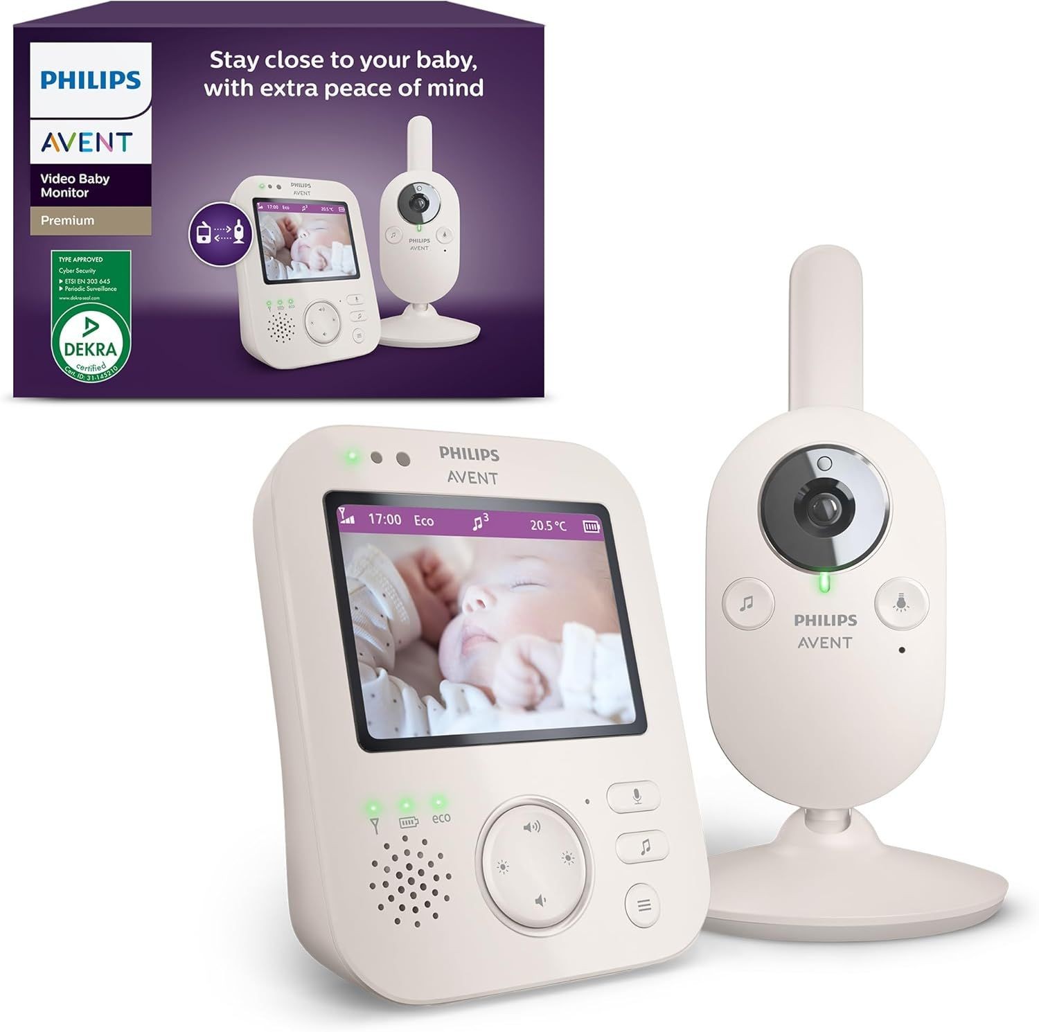 Philips Avent video baby monitor with screen and camera, packaging in background.