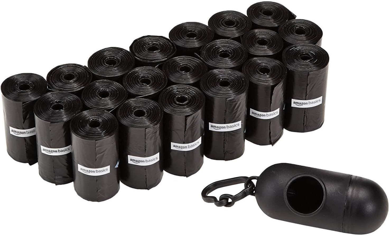 Black pet waste bag rolls with a dispenser and clip.