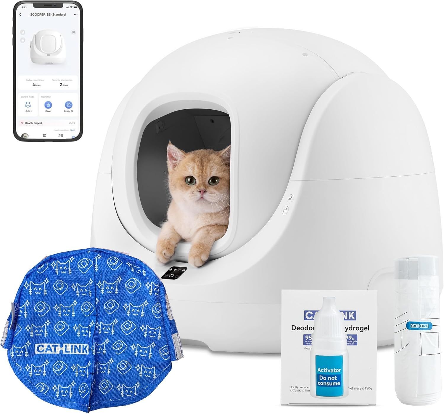 Kitten in automatic litter box with smartphone app, blue accessory, and cleaning supplies.