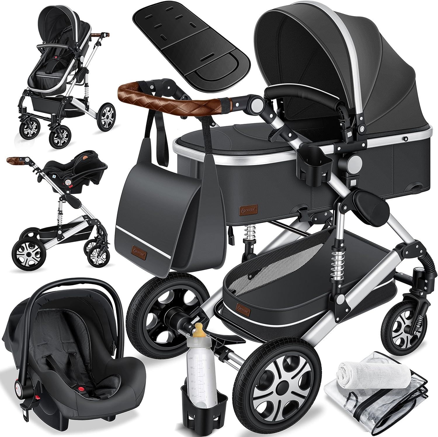 Collection of black baby stroller accessories including car seat, stroller, and diaper bag with bottle holder.