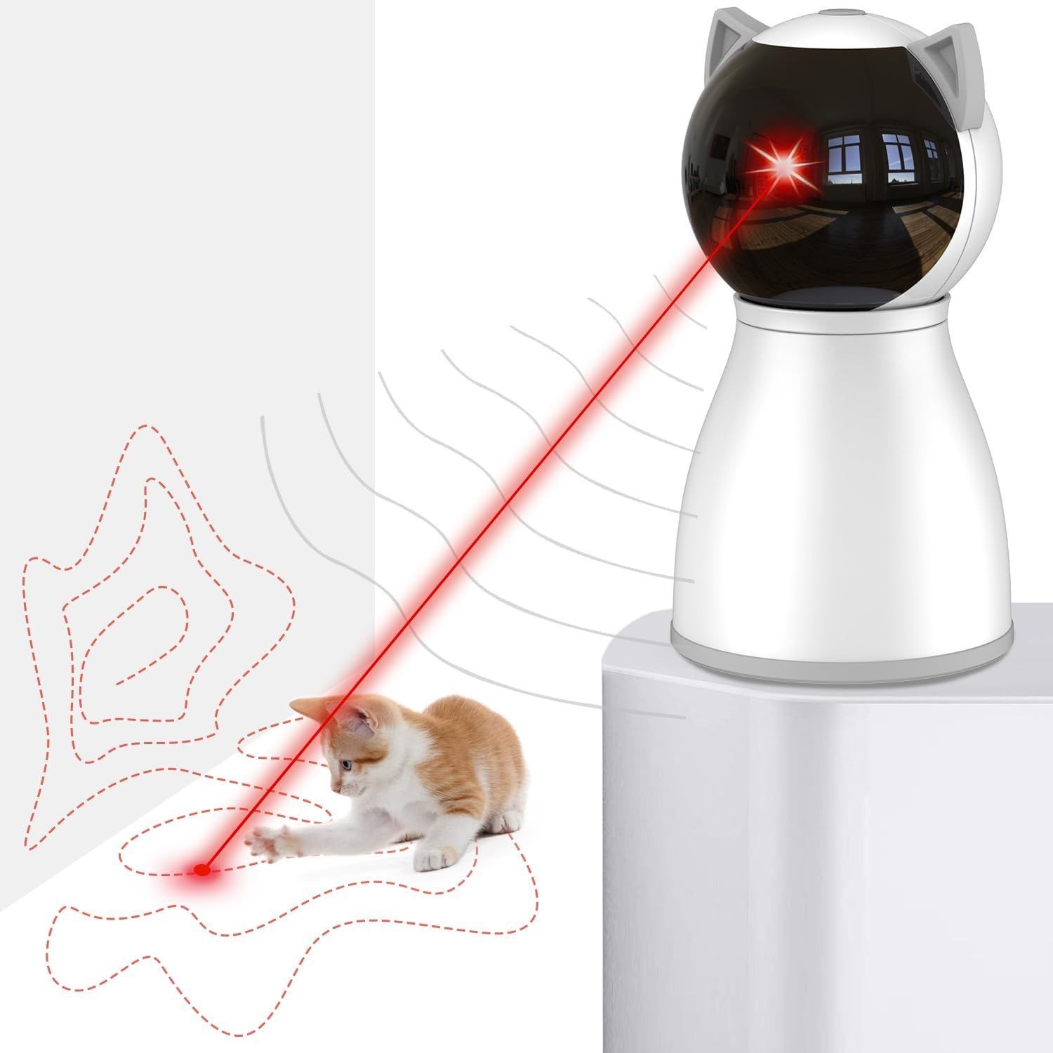 Cat playing with a laser from a cat-shaped device on a pedestal.