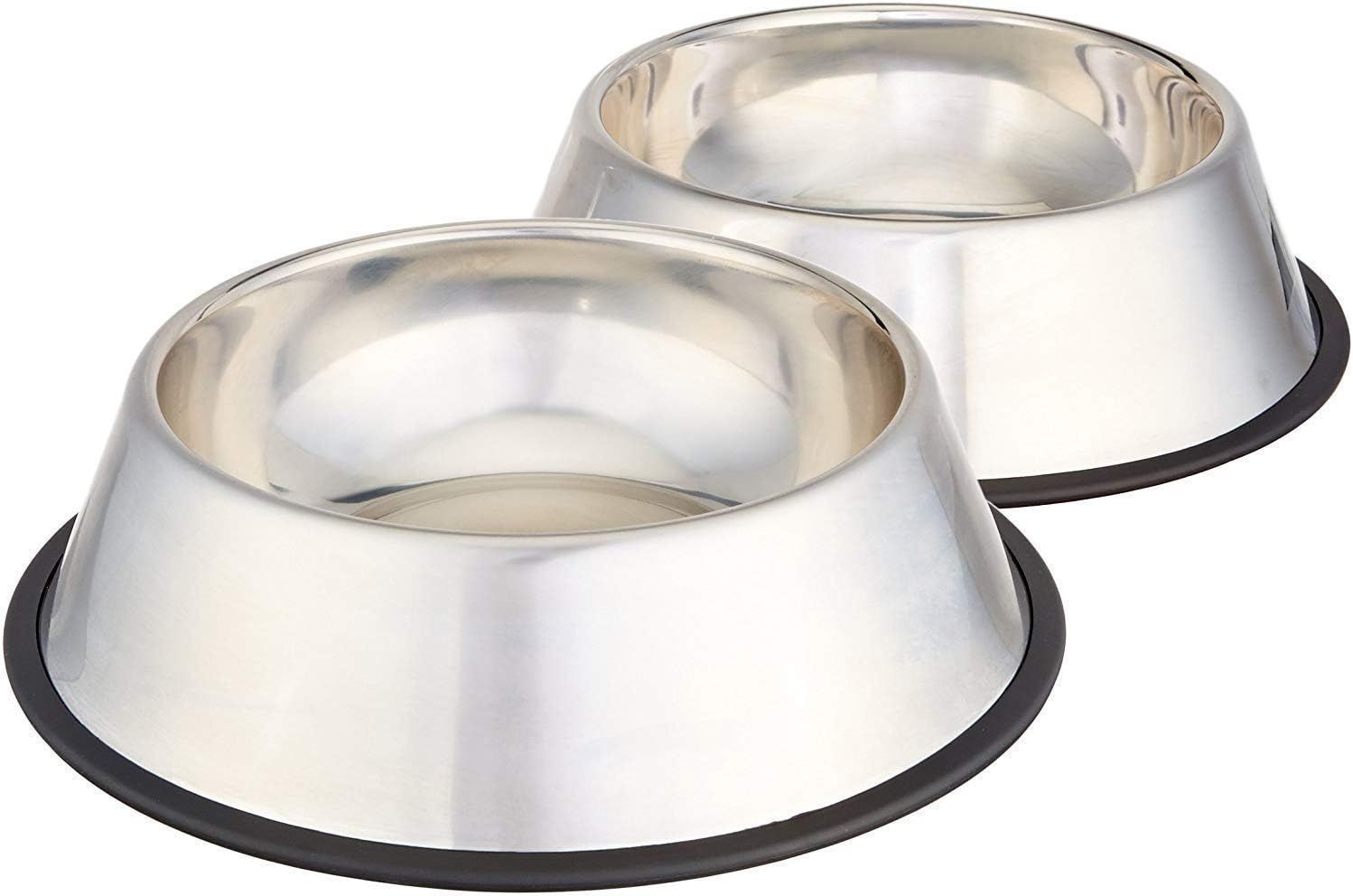 Two stainless steel pet bowls with rubber bases.