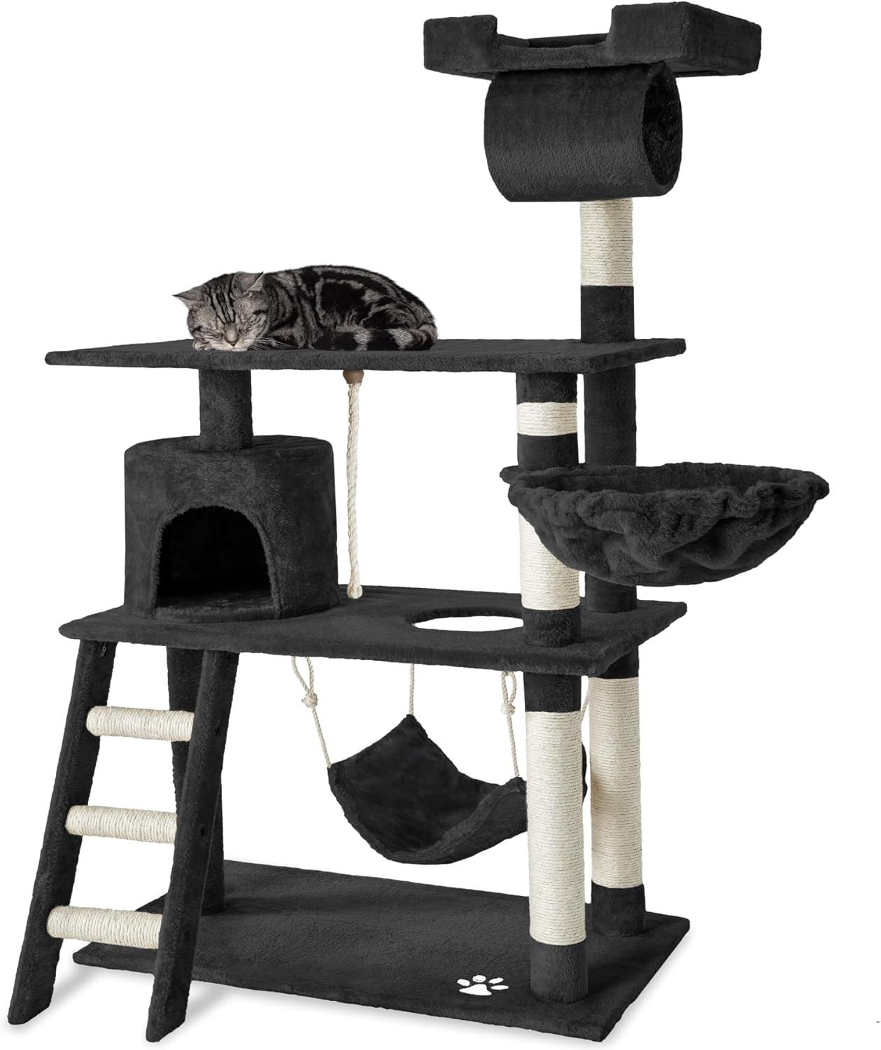 Cat sleeping on a multi-level black cat tree with scratching posts and hammock.