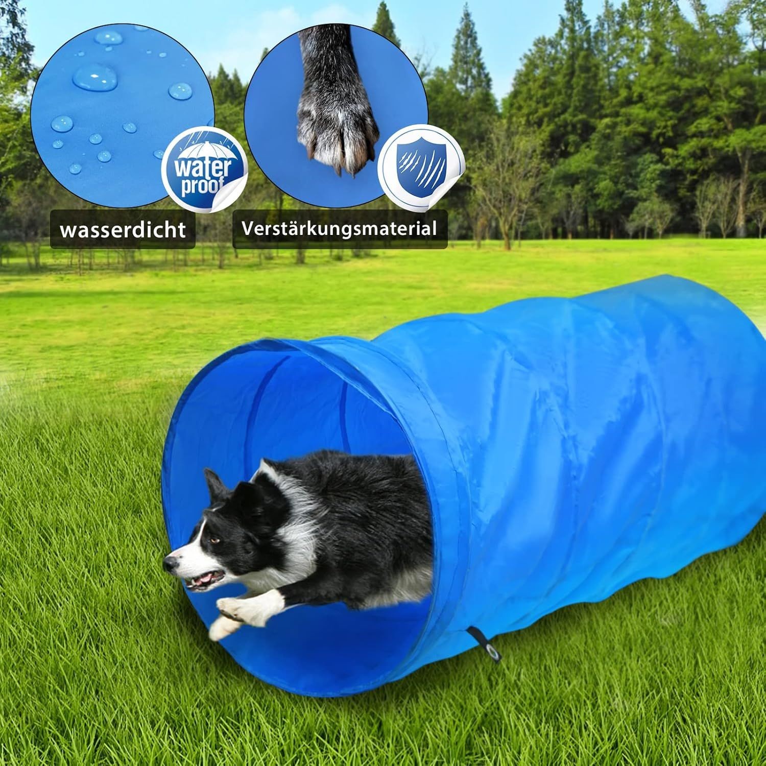 Dog running through a blue tunnel on grass with waterproof and reinforcement material features highlighted in circles.