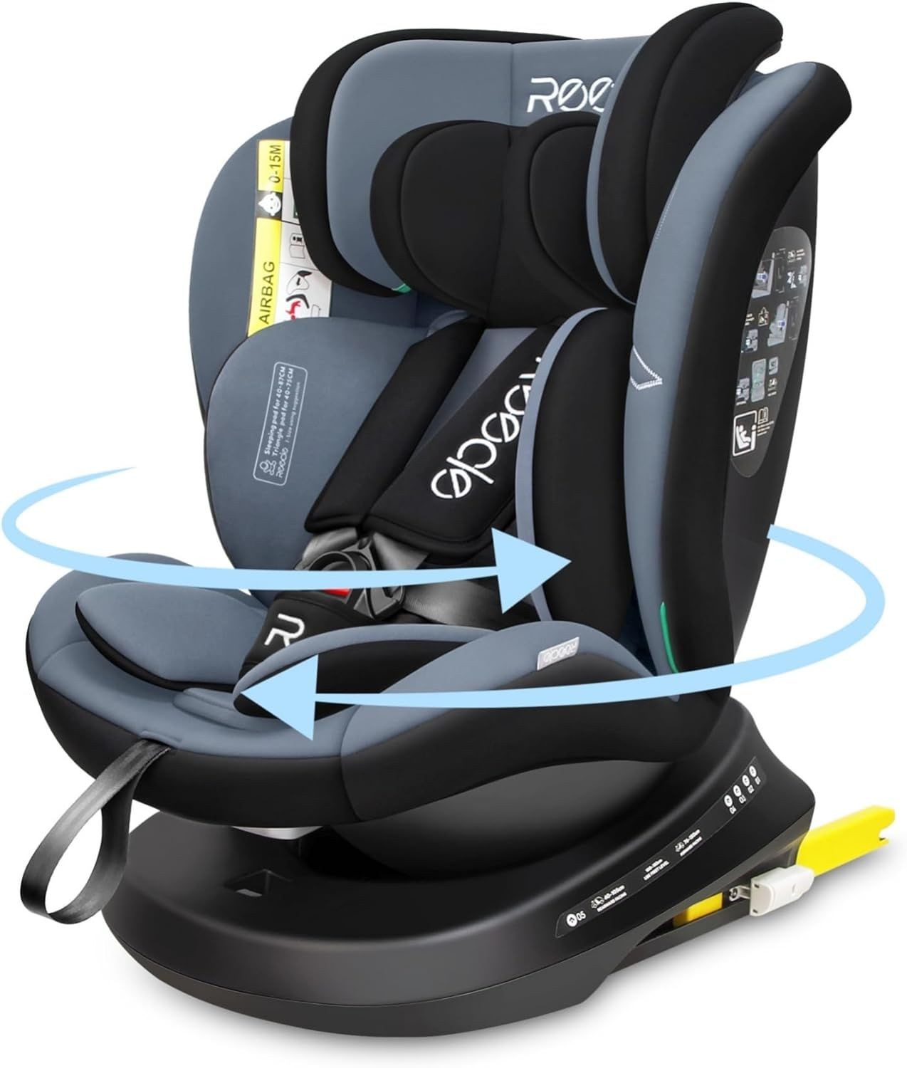 Rotatable blue and black child car seat with instructional labels and arrows indicating swivel directions.