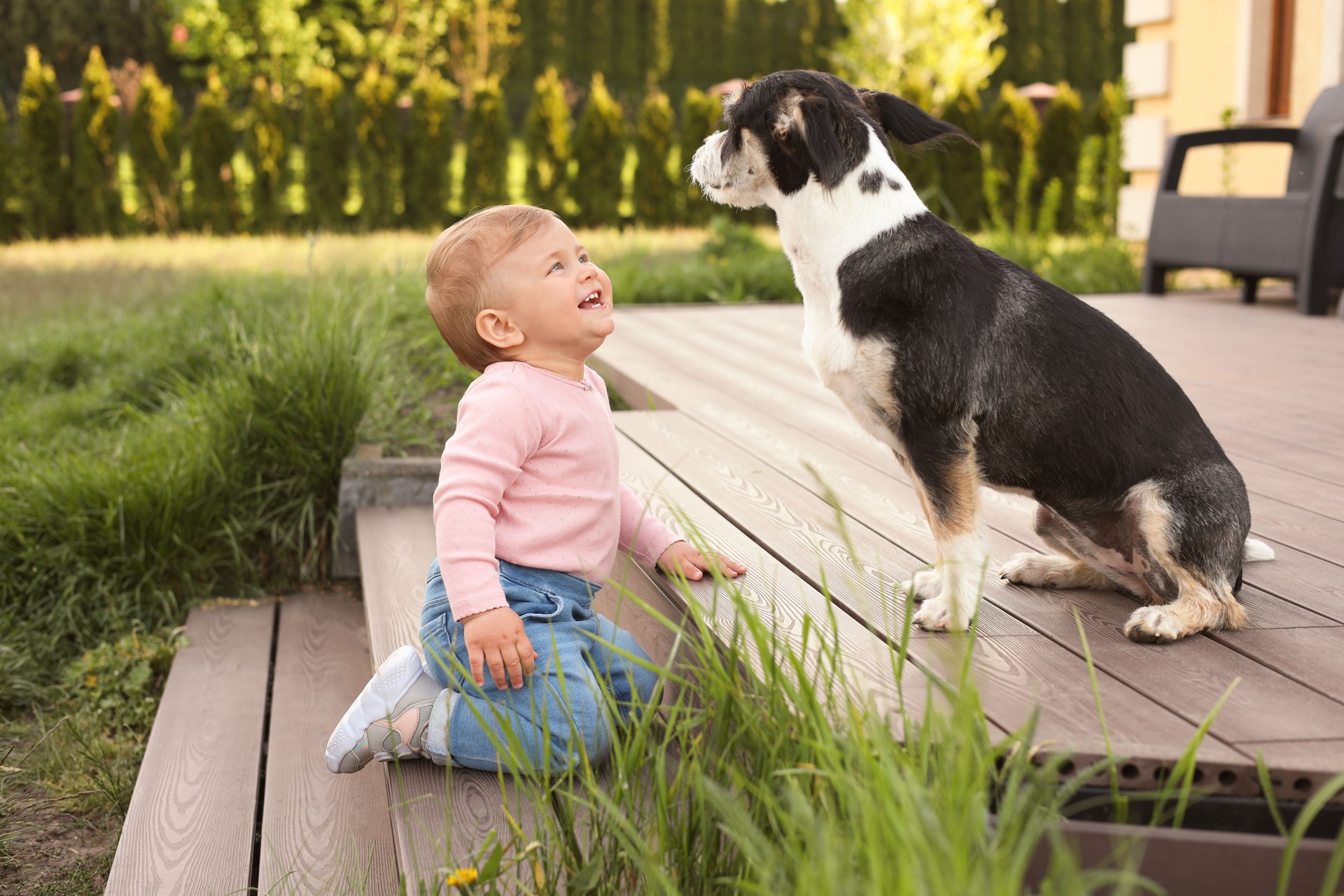 Adorable baby and furry little dog on wooden porch outdoors